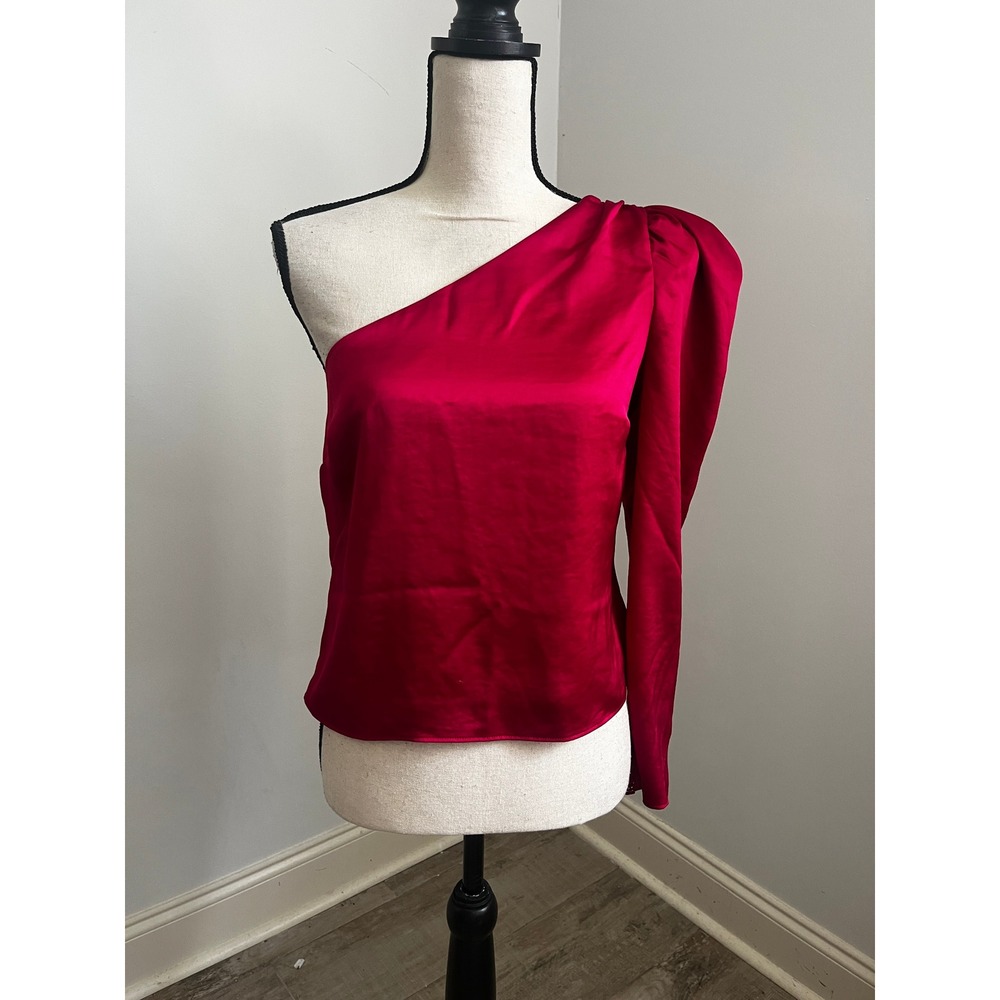 Express Satin Puff Sleeve Blouse Small One Shoulder Fuchsia Pink Glam Romantic